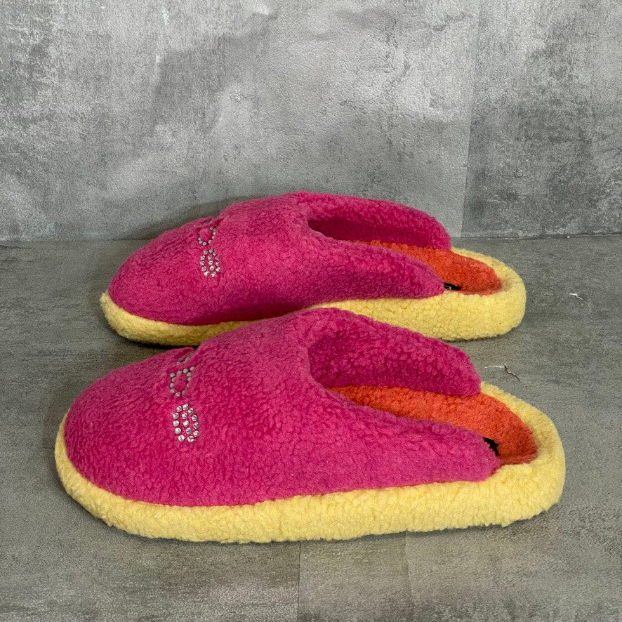 BEBE Fuchsia/Yellow Molly Faux Fur Embellished logo Slip-On Slippers SZ 10