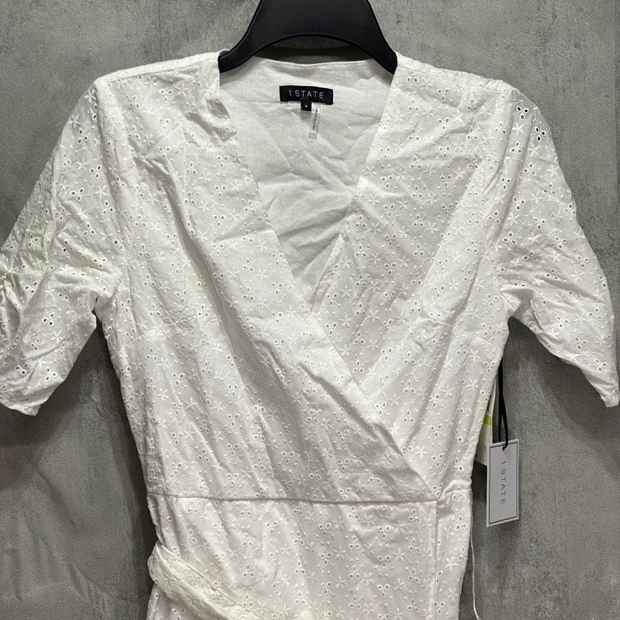 1. STATE White Wrap-Front Tie Waist V-Neck Ruched Short-Sleeve Mini Dress SZ 4