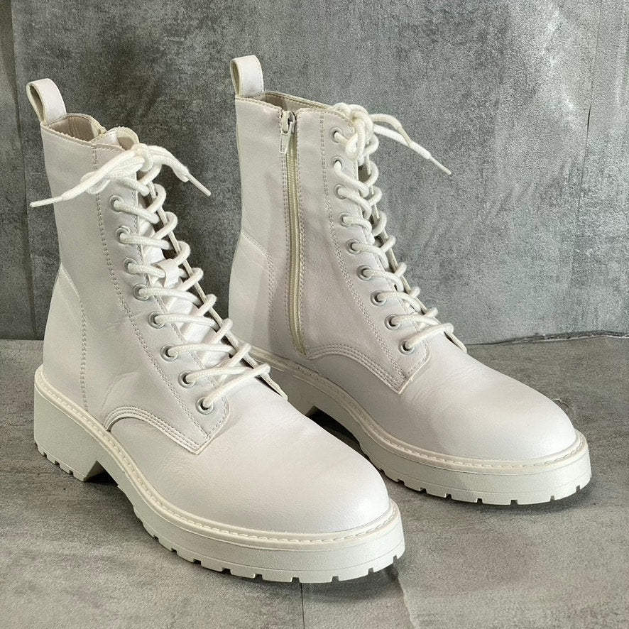 OLIVIA MILLER Women's White Crystal Lug Sole Side-Zip Lace-Up Combat Boots SZ 10