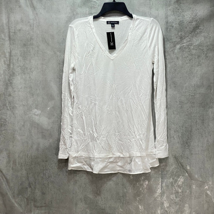 INC International Concepts White Sheer-Trim Long Sleeve Top SZ S