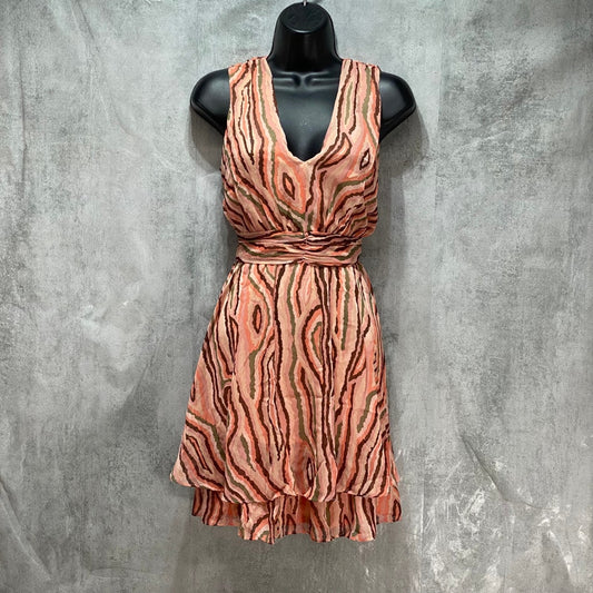 BAR III Woodcut Print Ruched-Waist V-Neck Sleeveless Mini Dress SZ 2