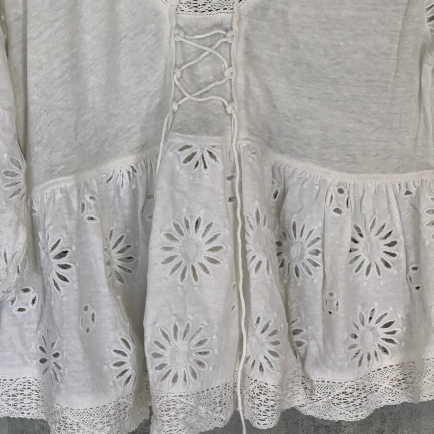 FREE PEOPLE White Embroidered V-Neck Sweeter Side Blouson Sleeve Lace-Up Top SZ XS