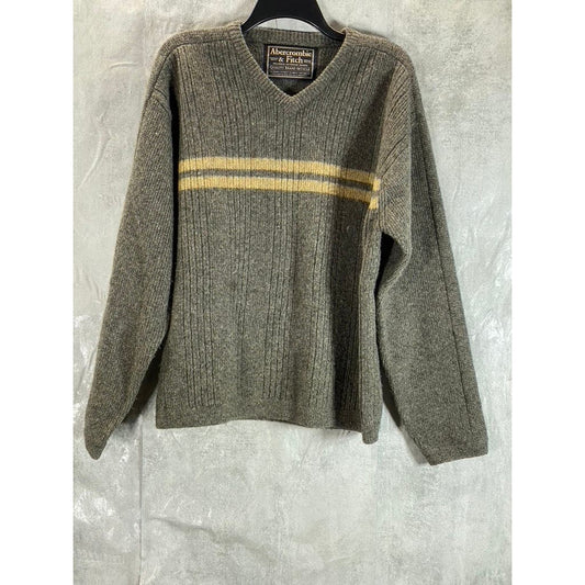 ABERCROMBIE & FITCH Men's Tan Vintage V-Neck Striped Pullover Sweater SZ L