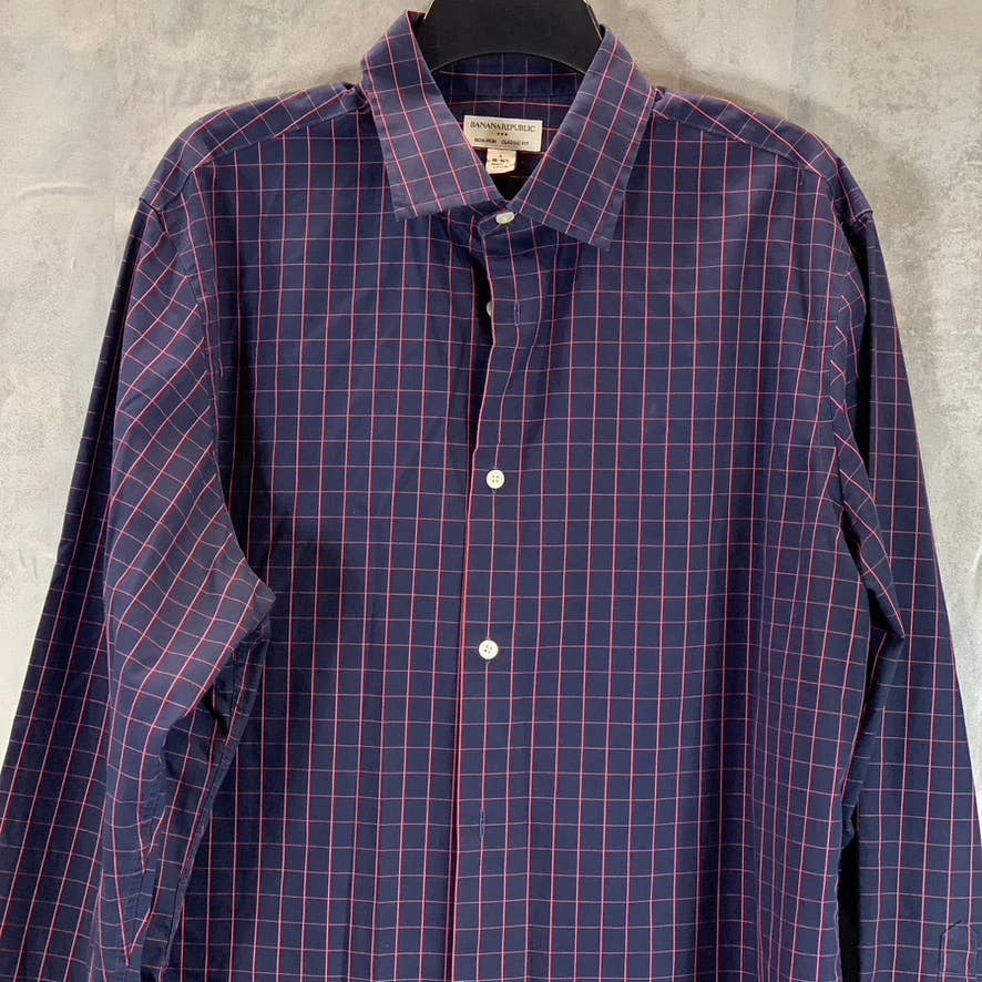 BANANA REPUBLIC Men's Navy/Red Plaid Classic-Fit Button-Up Dress Shirt SZ L