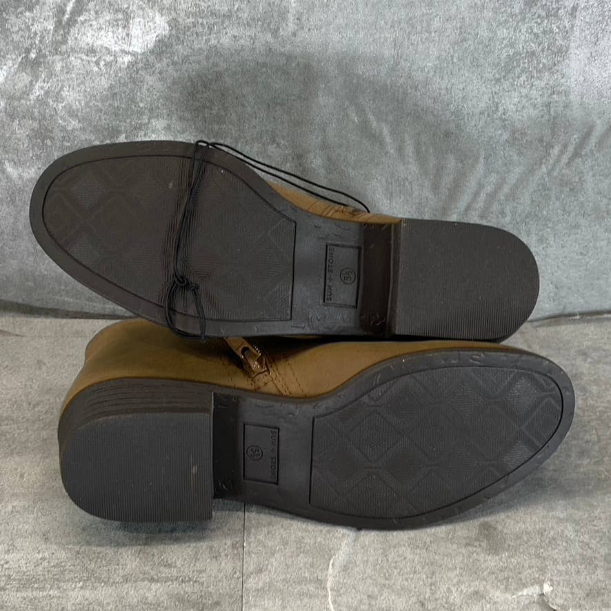 SUN+STONE Women's Tan Cadee Memory Foam Slip-On Block Heel Ankle Booties SZ 5.5