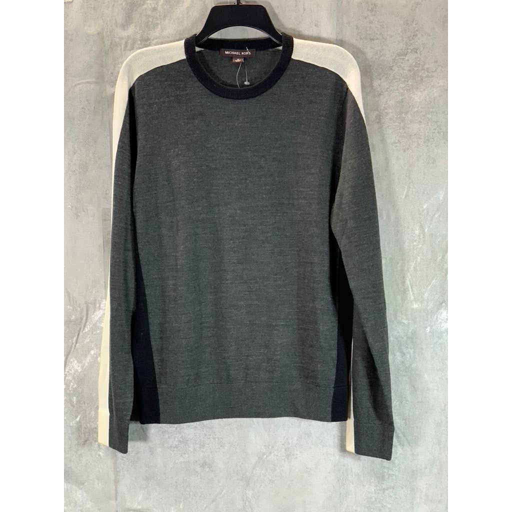 MICHAEL KORS Men's Charcoal/Cream Colorblock Crewneck Long-Sleeve Sweater SZ M