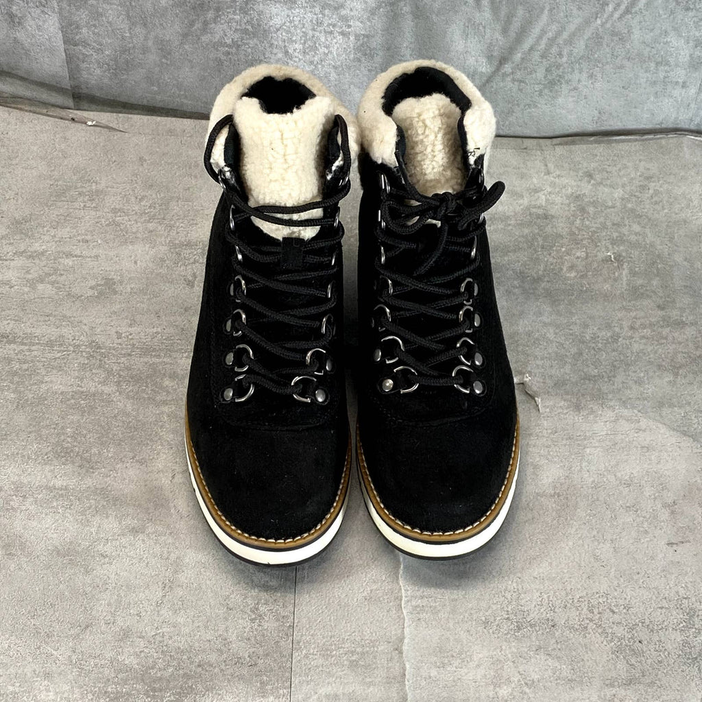 WHITE MOUNTAIN Women's Black Pebble Grain Faux-Shearling Cozy Wedge Bootie SZ 7