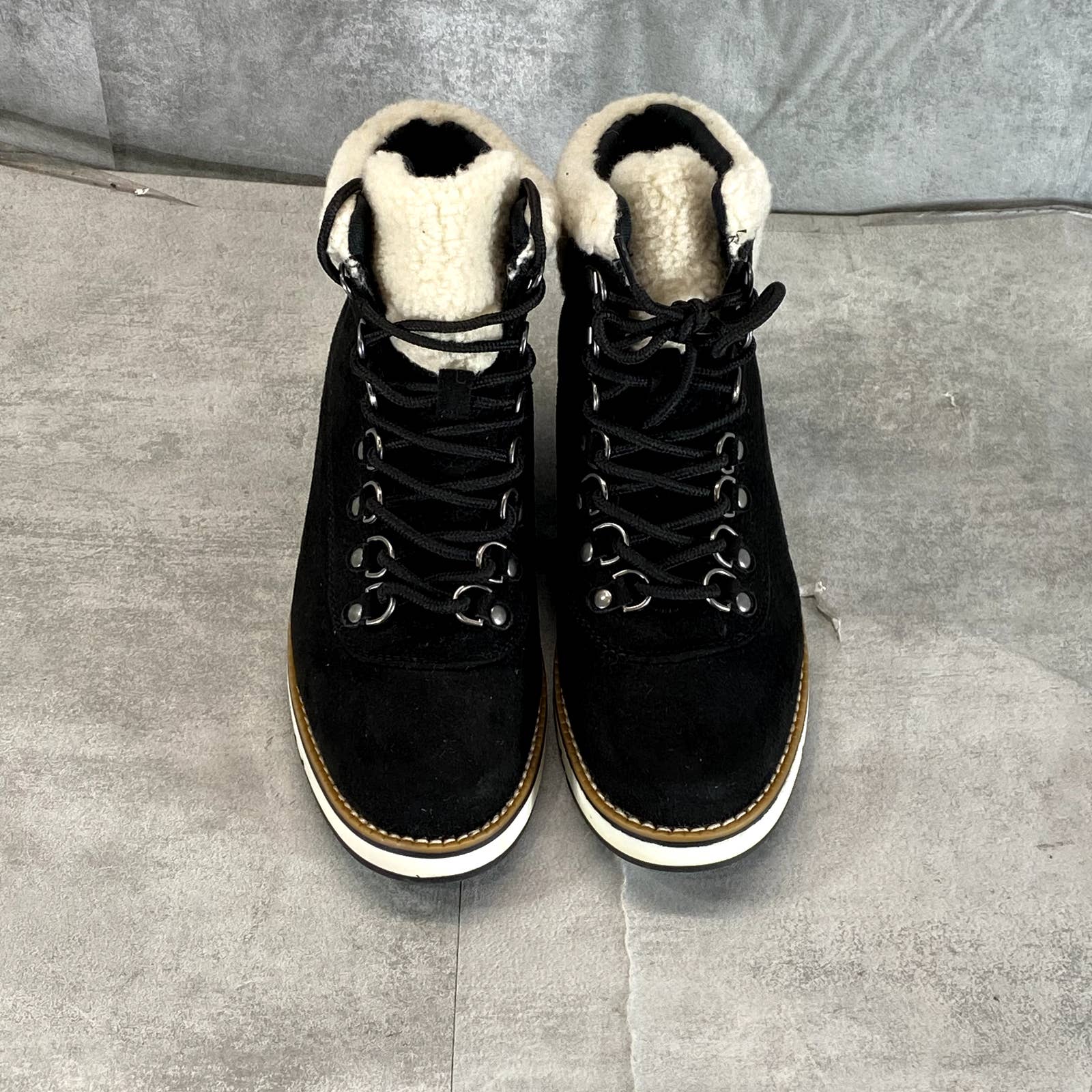 WHITE MOUNTAIN Women's Black Pebble Grain Faux-Shearling Cozy Wedge Bootie SZ 7