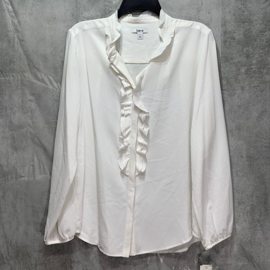 BAR III White Ruffle V-Neck Button-Up Long Sleeve Blouse SZ L