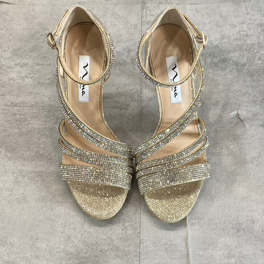 NINA Women's Soft Platino Dreamland Freyja Rhinestone Embellished Open-Toe Stiletto Sandals SZ 7.5