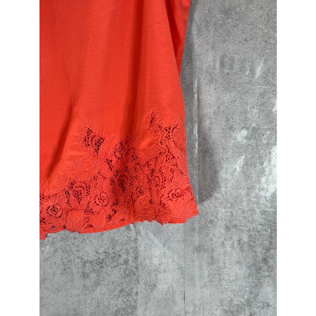 ELODIE Women's Orange V-Neck Lace Trim Top SZ M