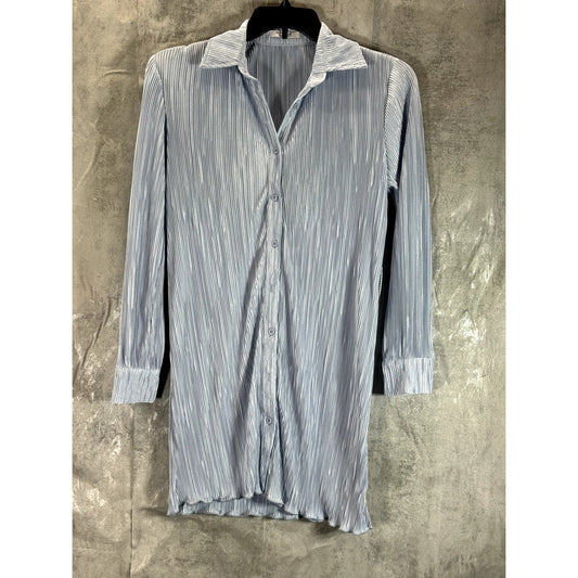 PEPPERMAYO Women's Baby Blue Plisse Soho Chic Long Sleeve Mini Shirt Dress SZ 0