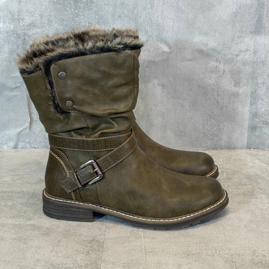 GC. SHOES Olive Bailey Faux Fur Inside Zip Round-Toe Block Heel Boots SZ 9