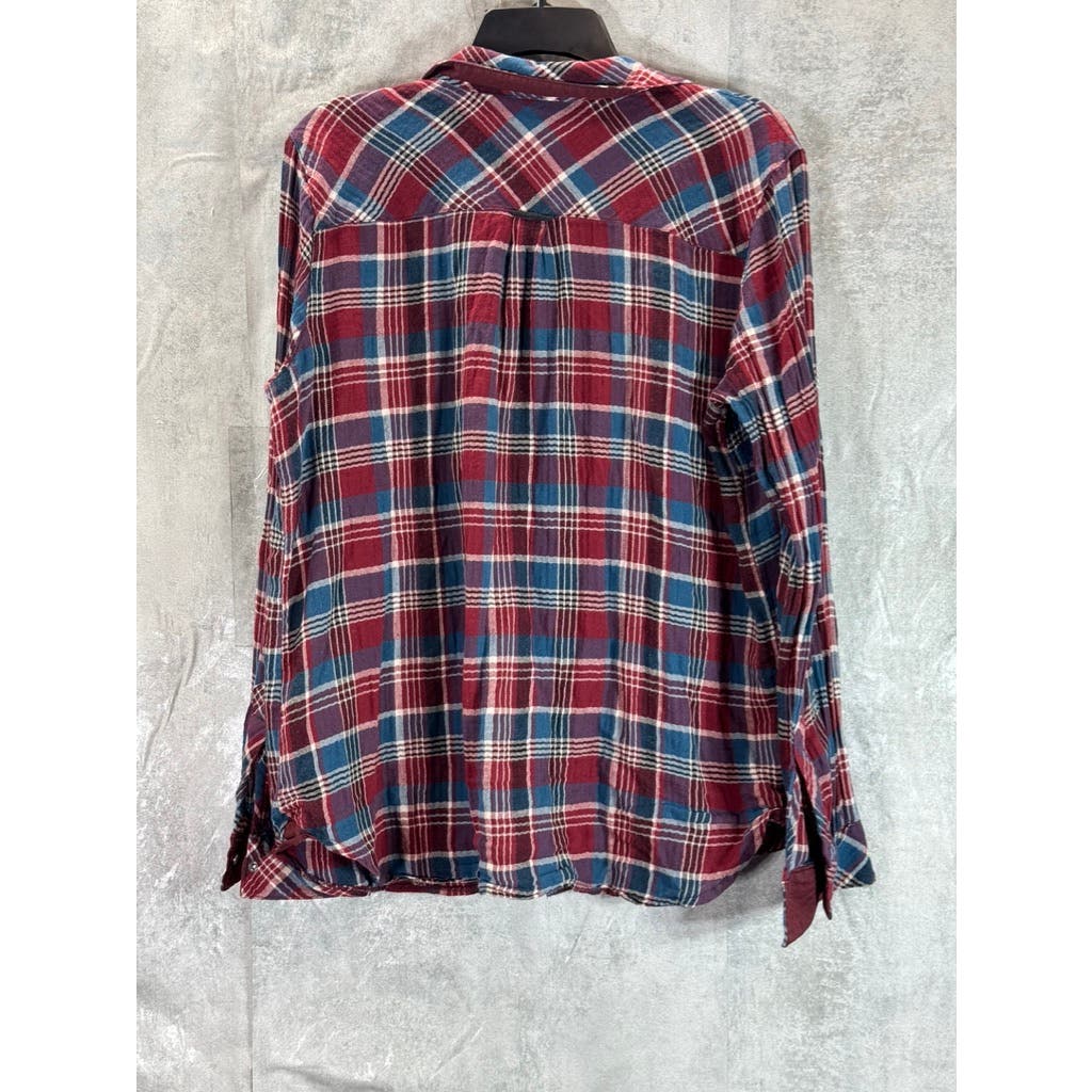 KUT FROM THE KLOTH Women's Burgundy/Blue Plaid Button-Up Flannel Top SZ L