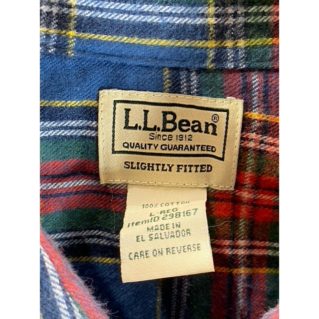 L.L. BEAN Men's Blue Plaid Slightly-Fitted Button-Up Flannel Shirt SZ L