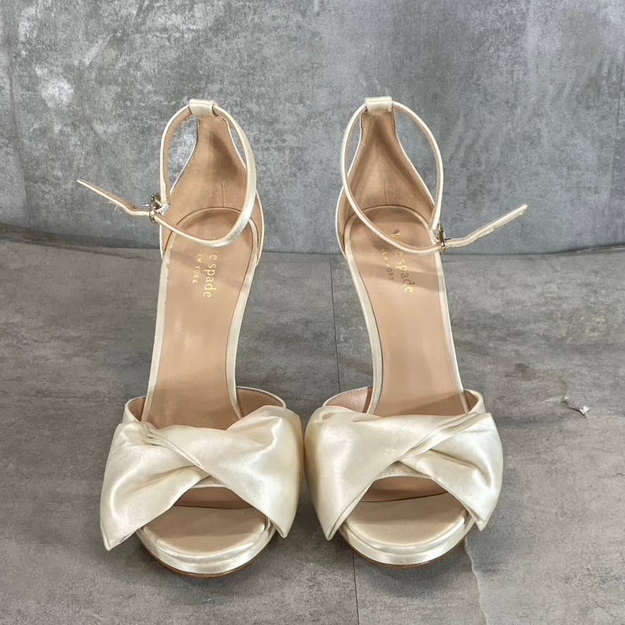 KATE SPADE Women's Ivory Satin Bridal Bow Ankle-Strap Stiletto Dress Sandals SZ7