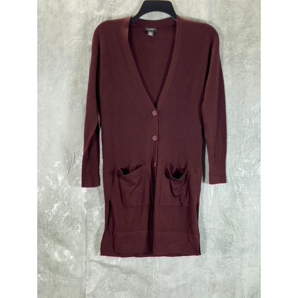 HALOGEN Women's Petite Burgundy Ribbed Button-Up Long Sleeve Cardigan SZ 2XS