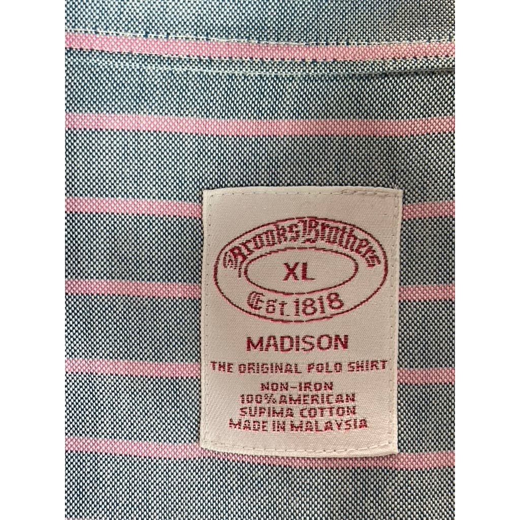 BROOKS BROTHERS Men's Gray/Pink Stripe Stretch Madison Relaxed-Fit Shirt SZ XL