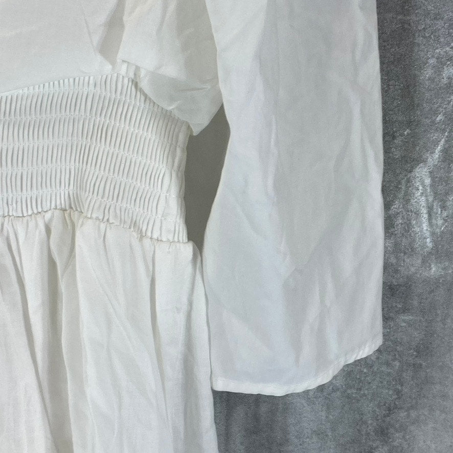 INC Women's Bright White 3/4 Puff Sleeve Cotton Smocked Midi Dress SZ M