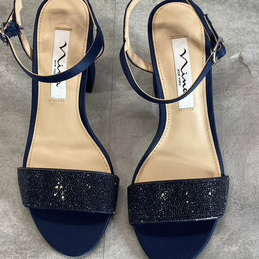 NINA Women's New Navy Satin Haven Rhinestone Ankle-Strap Block-Heel Sandals