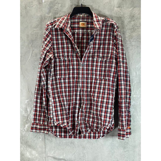 BOSS ORANGE Men's Red/Navy Mini Check Button-Up Long Sleeve Shirt SZ M