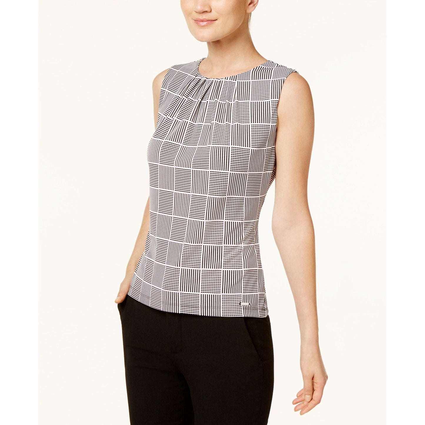 CALVIN KLEIN Petite Black Cream Geometric Dot Square Sleeveless Pleated Top SZ PXS