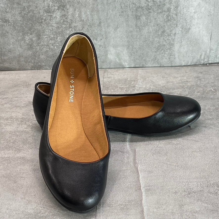 SUN + STONE Women's Black Smooth Eliana Memory Foam Round-Toe Slip-On Flats SZ 7