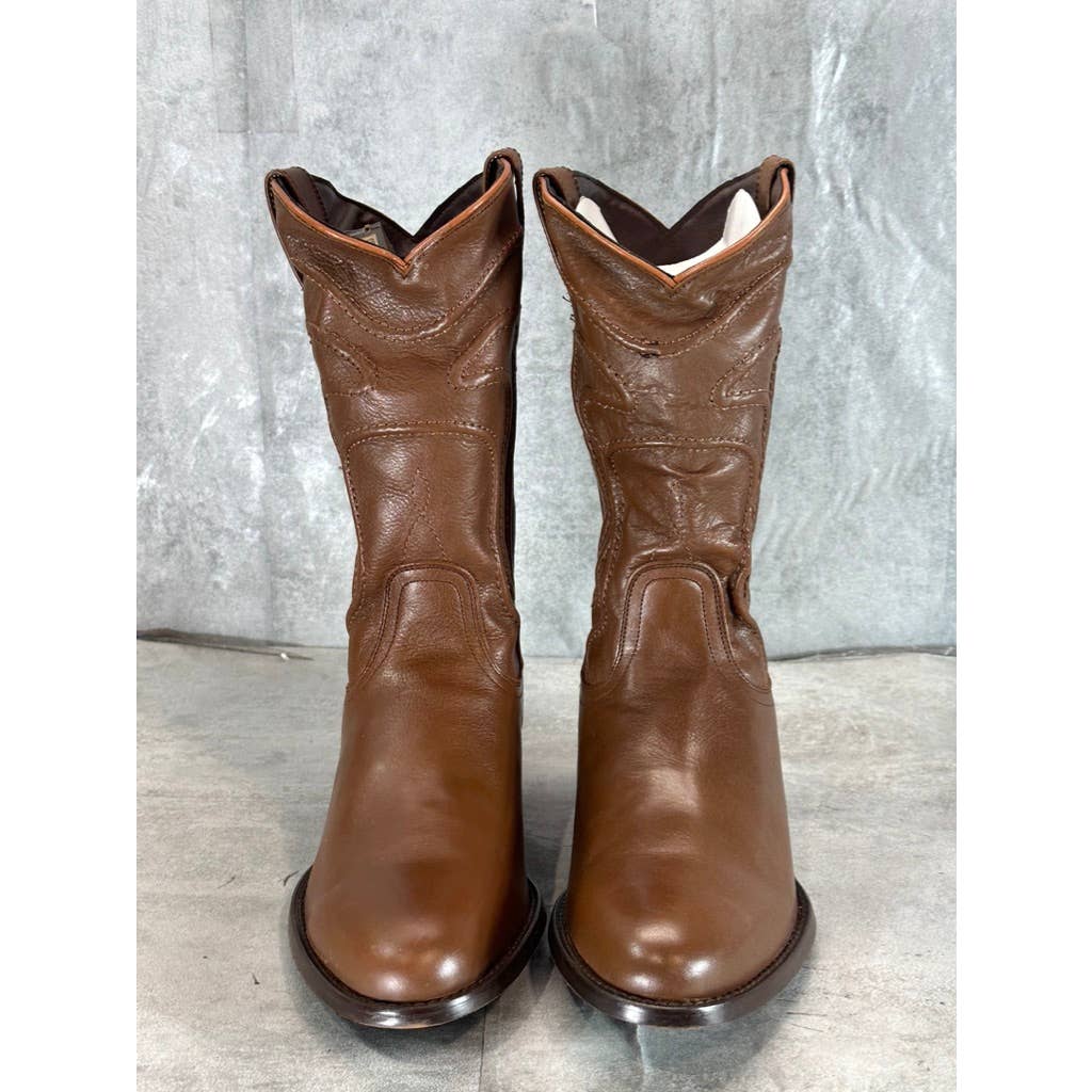 DINGO Men's Brown Leather Montana Almond-Toe Block-Heel Western Boots SZ 8.5