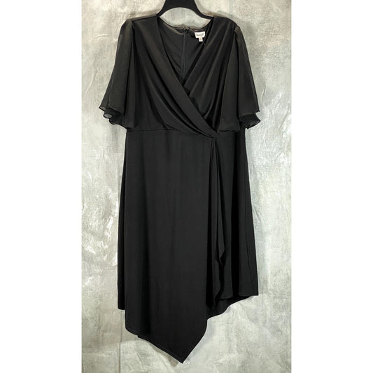 AVENUE Women's Plus Size Black Flutter Mesh Sleeve Faux-Wrap Dress SZ 18W