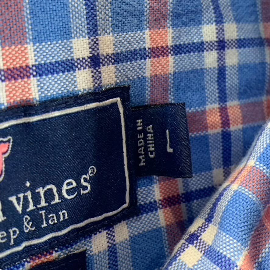 VINEYARD VINES Men's Blue/Orange Plaid Classic-Fit Button-Up Whale Shirt SZ L