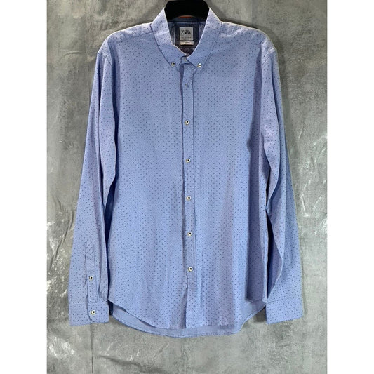 ZARA Men's Light Blue Mini Dot Printed Slim-Fit Button-Up Cotton Shirt SZ L