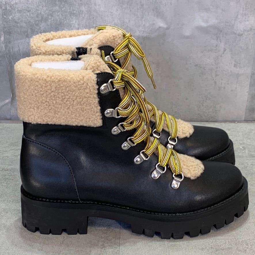 STEVE MADDEN Black Leather Faux-Fur Aniko Side Zipper Lace-Up Winter Boots SZ 10