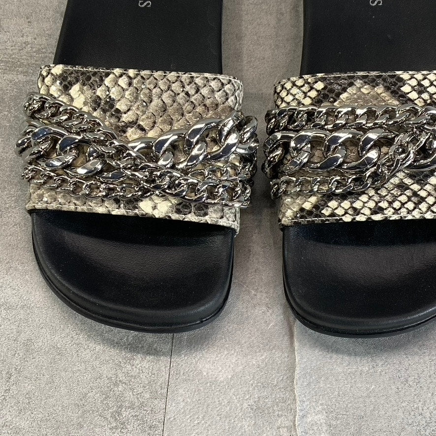 GUESS Women's Tan Animal Embossed Salema Chain Detail Slide Pool Sandals SZ 5