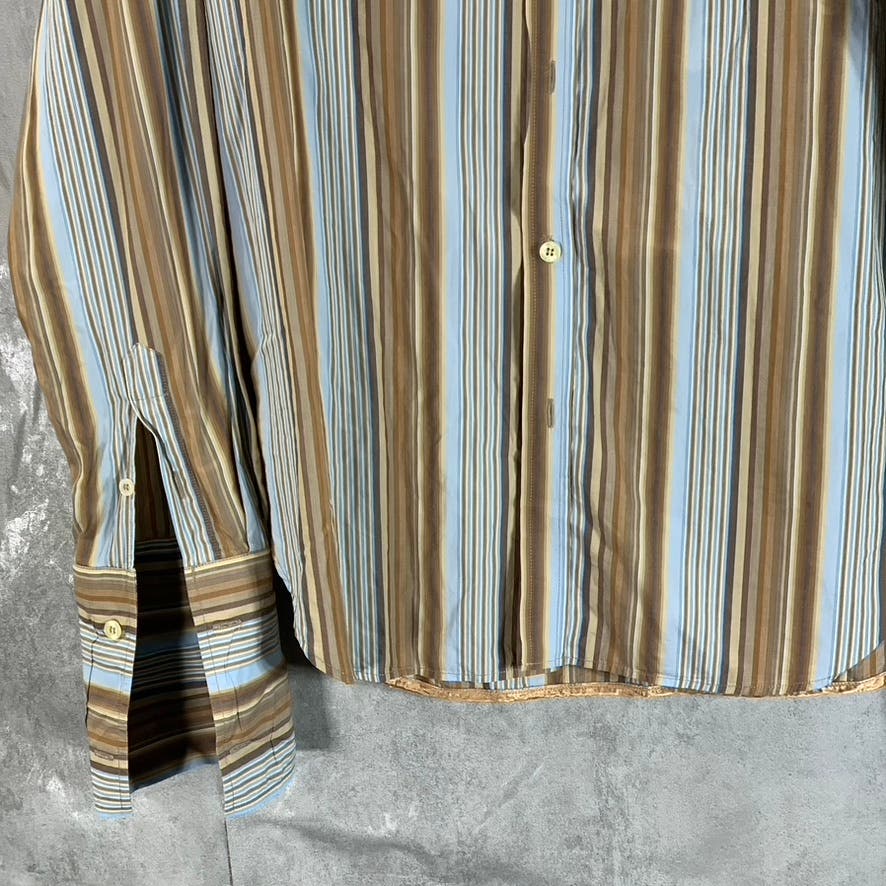 PS. PAUL SMITH Men's Brown/Blue Striped Satin-Trim Wide Cuff Shirt SZ NA