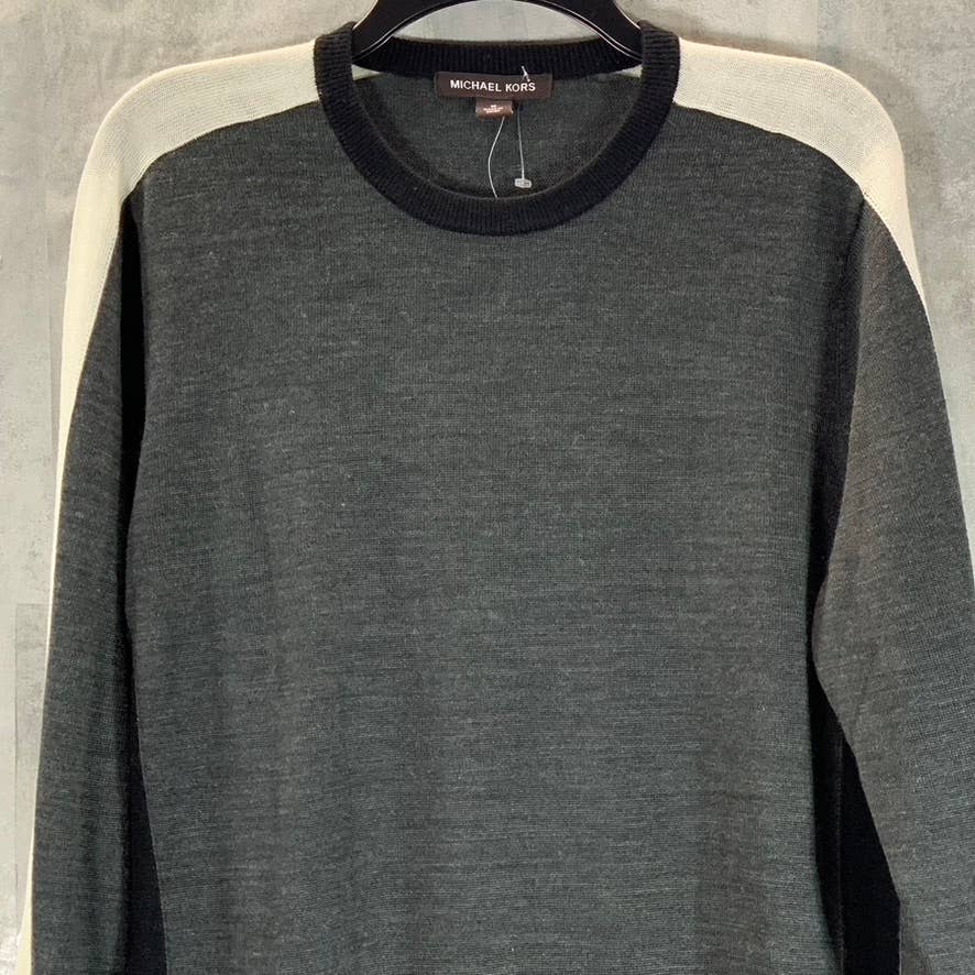 MICHAEL KORS Men's Charcoal/Cream Colorblock Crewneck Long-Sleeve Sweater SZ M