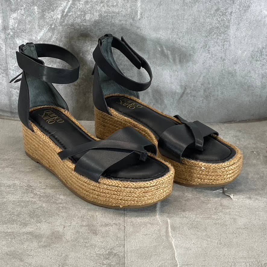 FRANCO SARTO Women's Black Leather Verita Ankle-Strap Espadrille Sandals SZ 8.5