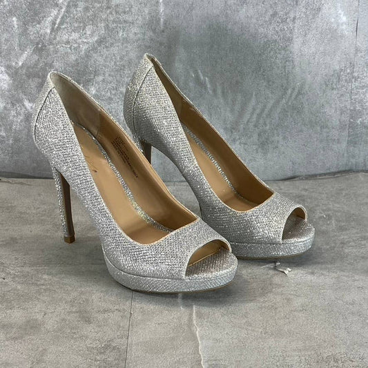 THALIA SODI Women's Silver Rhinestone Lenna Stiletto Peep-Toe Pumps SZ 6.5