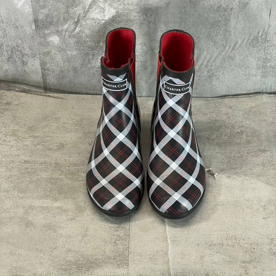 CHARTER CLUB Women's Black/Red Cloudburst Pull-On Rain Boots SZ 8