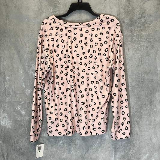 KENSIE Women's Pink Animal Print Long Sleeve V-Neck Fleece Pullover Pajama Top SZ L