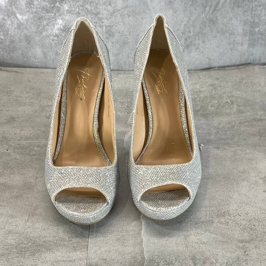THALIA SODI Women's Silver Rhinestone Lenna Stiletto Peep-Toe Pumps SZ 6.5