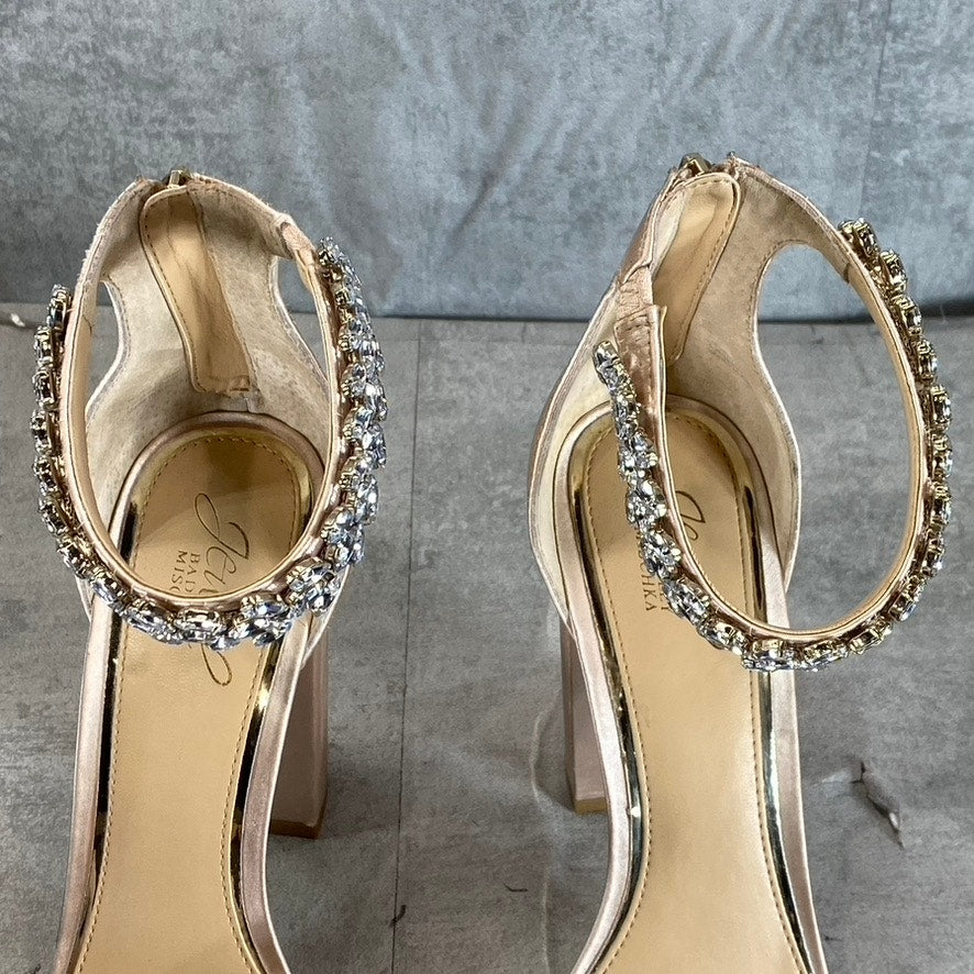 JEWEL BADGLEY MISCHKA Women's Champagne Satin Rhinestone Mayra Sandals SZ 10