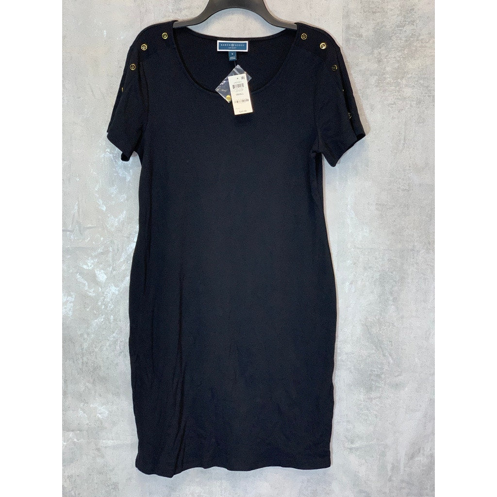 KAREN SCOTT Sport Women's Deep Black 3/4 Button-Shoulder Sleeve Pullover Dress SZ S