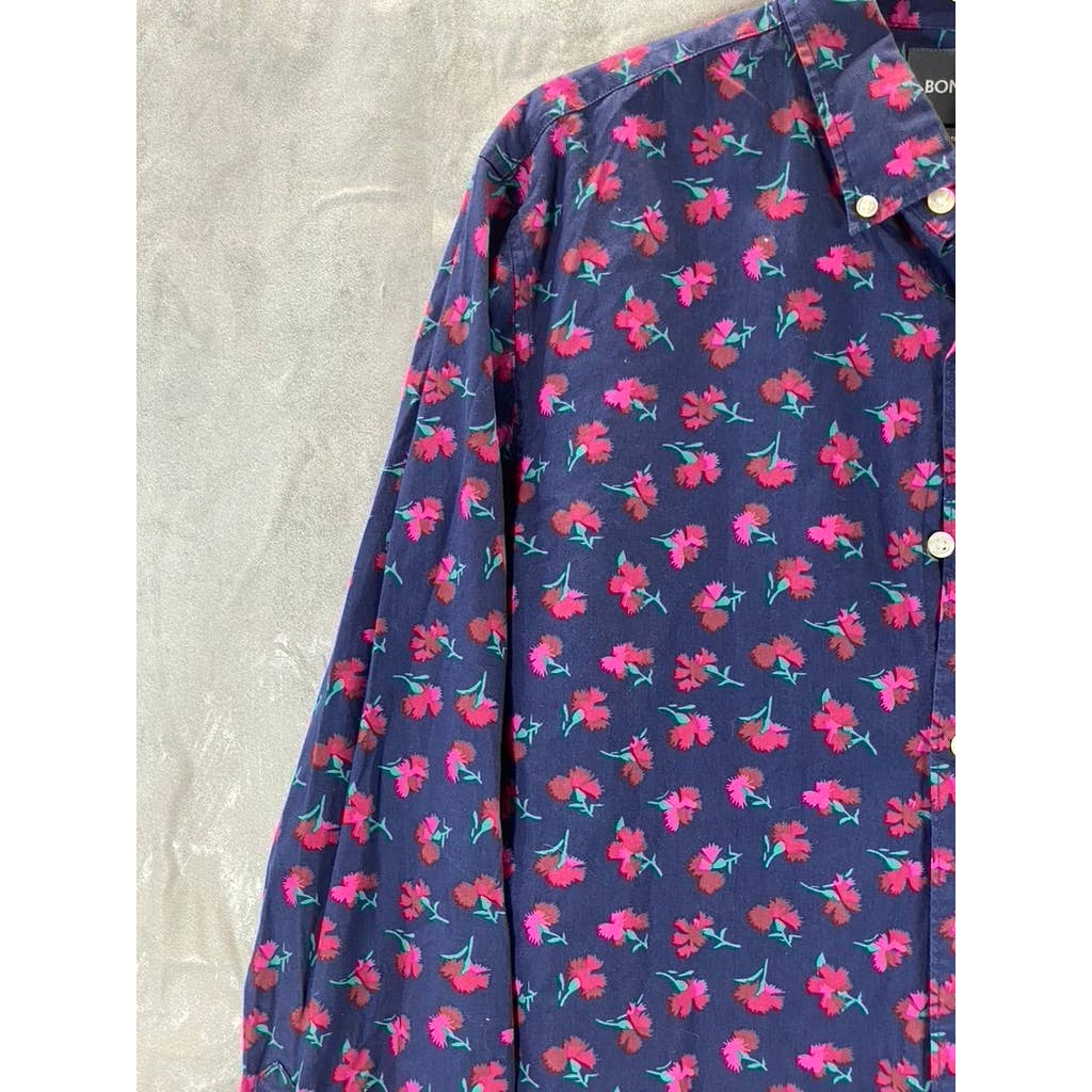 BONOBOS Men's Navy/Red Floral Print Standard-Fit Button-Up Long-Sleeve Shirt SZM