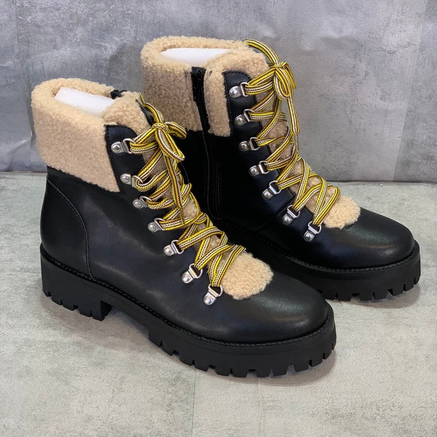 STEVE MADDEN Black Leather Faux-Fur Aniko Side Zipper Lace-Up Winter Boots SZ 10