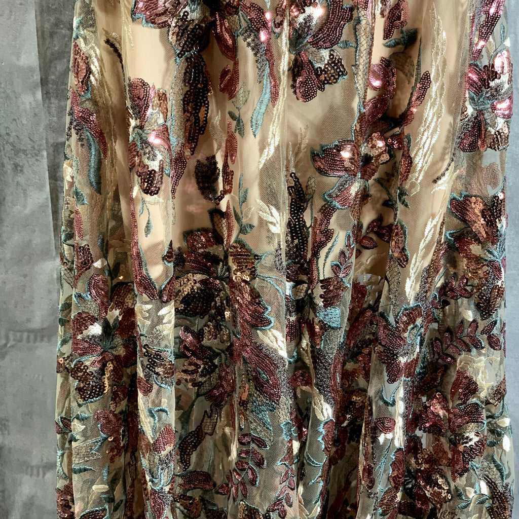 DRESS THE POPULATION Umalina Beige/Lavender Sequin Floral Fit & Flare Gown SZ XS