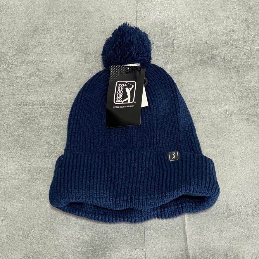 PGA TOUR Navy Pom Ribbed Fleece-Lined Knit Beanie SZ OS