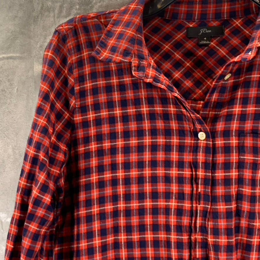 J.CREW Women's Red Plaid Brushed Twill Flannel Button-Up Long-Sleeve Top SZ 4