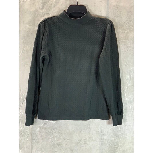 J.CREW Women's Black Solid Puffed Long Sleeve Mockneck Pointelle Top SZ S