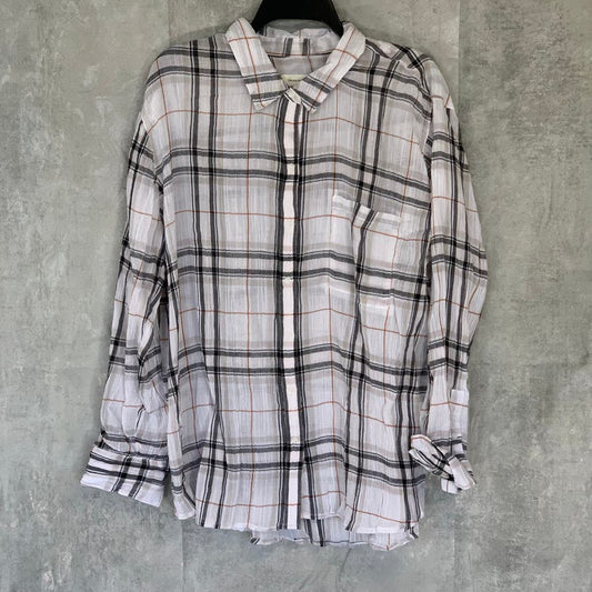 TREASURE & BOND White Plaid Long Sleeve Button-Up Crinkle Texture Cotton Top SZ XL