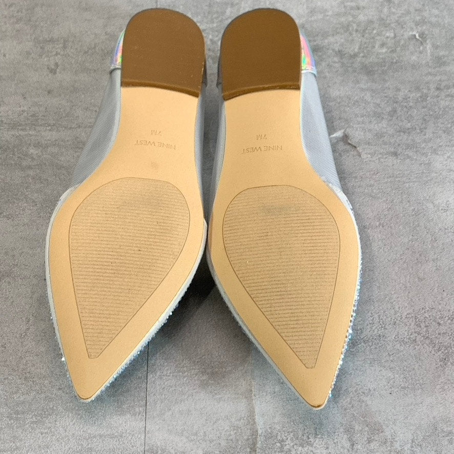 NINE WEST Women's Silver Bogus Rhinestone Embellished Pointed-Toe Mesh Flats SZ7